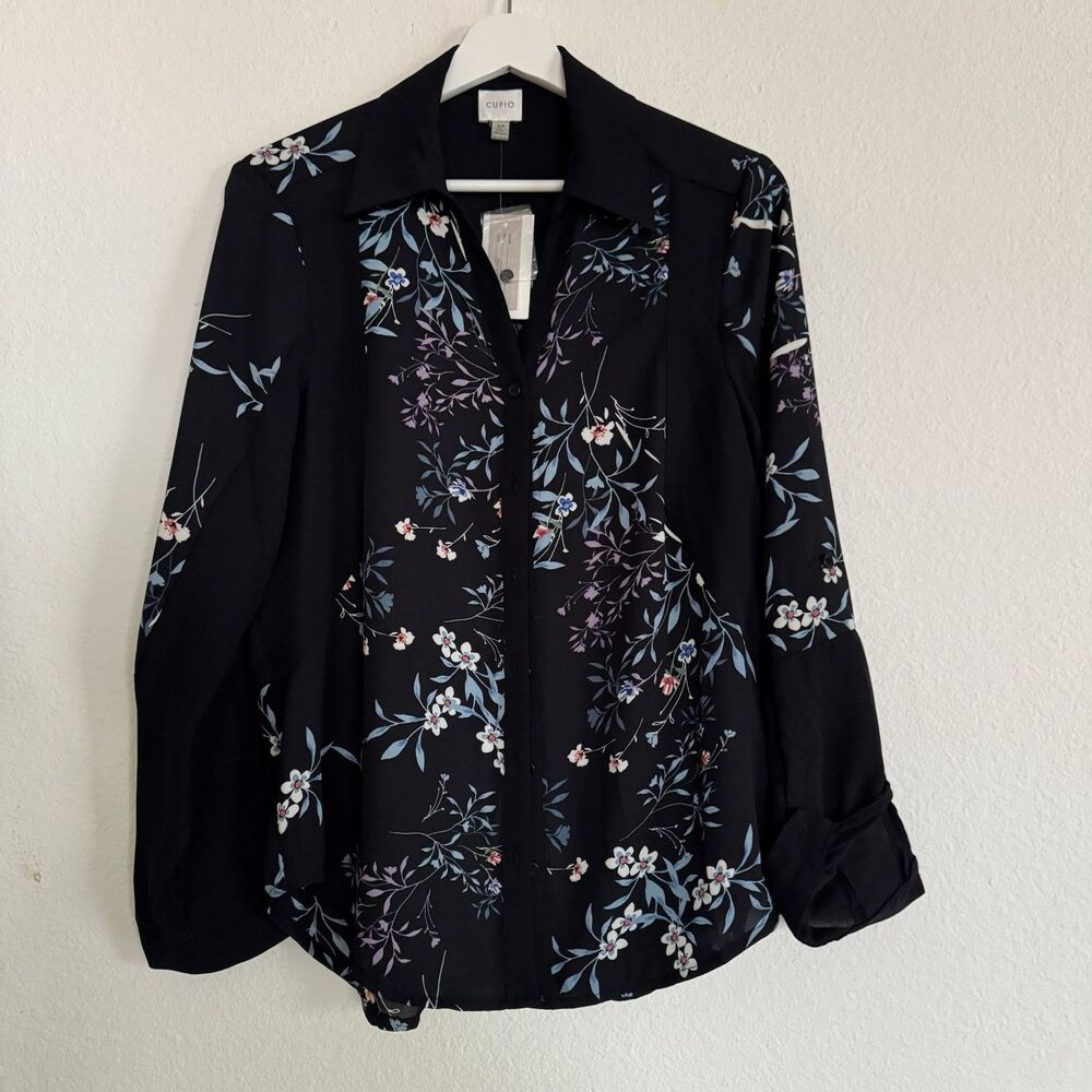 New Cupio Women's Blouse Size S Sheer Black Floral Print Button-Up Shirt Office